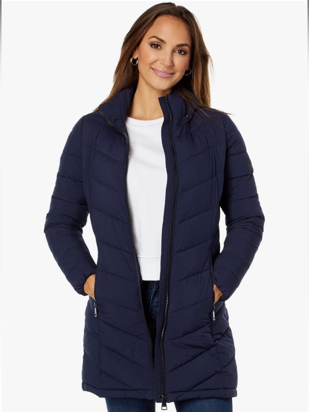 Calvin Klein Navy Blue Puffer Jacket Removable Hood Zip Side Pockets Streetwear